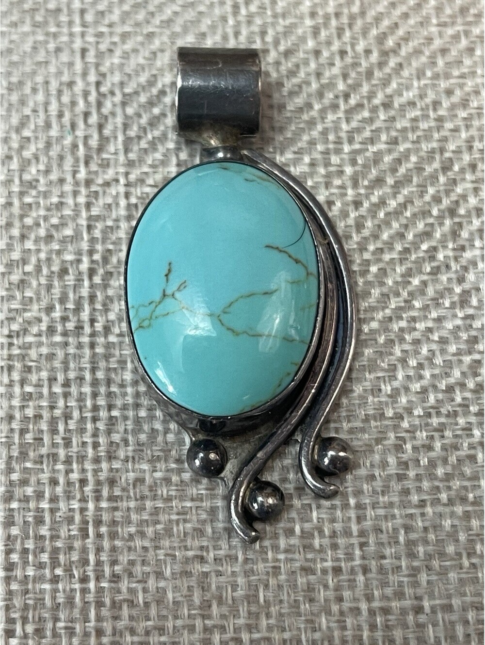 Vintage Turquoise Jewlery 925 Silver Taxco Mexico Large Turquoise Pendant